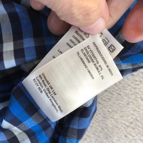 Untuckit Mens Shirt Large Short Sleeve Dark Blue Check Button Up Classic Casual - Picture 9 of 11